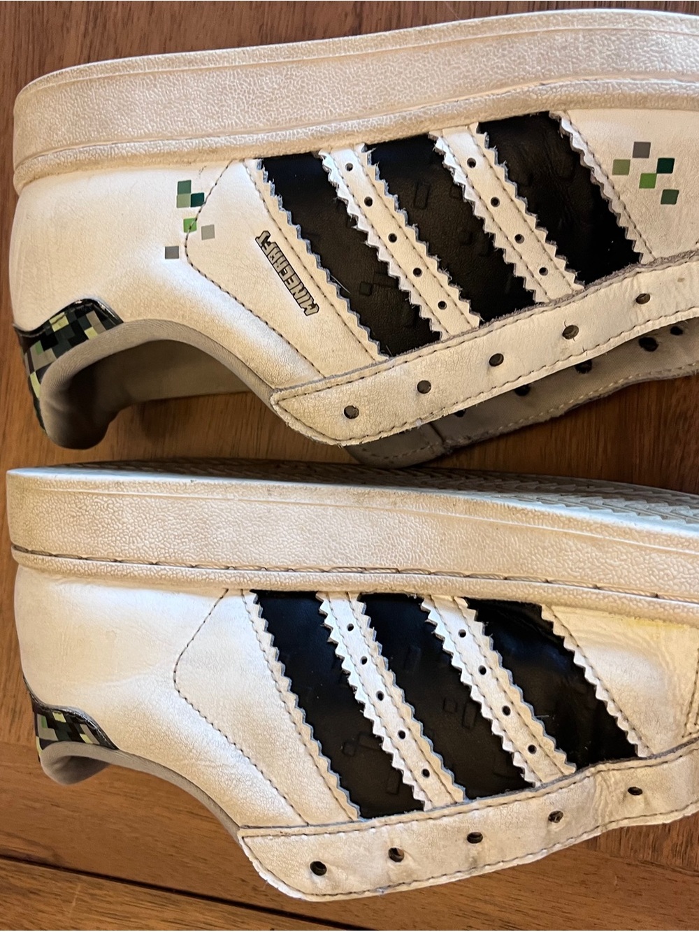 Boys adidas Minecraft White Sneakers with Black Stripes and Green Accents